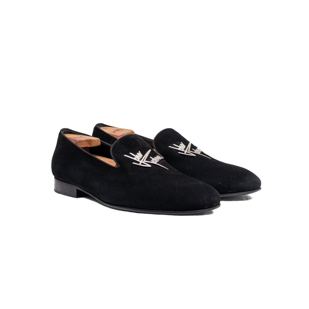 John Richmond Men's Black Suede Loafers –‎ Metal Logo – Made in Italy – US 10
